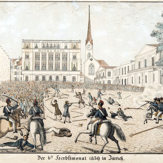 Fighting on Paradeplatz between government troops on horseback and insurgent country people, with the “Baur en Ville” hotel and the Fraumünster Church in the background.