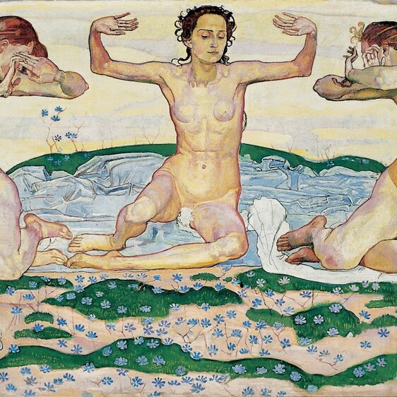 In Ida Hoff’s interpretation, Ferdinand Hodler’s painting “The Day” depicts “the varying attitudes of women to the issue of women’s rights”. Ferdinand Hodler, “The Day”, 1899-1900 (detail).